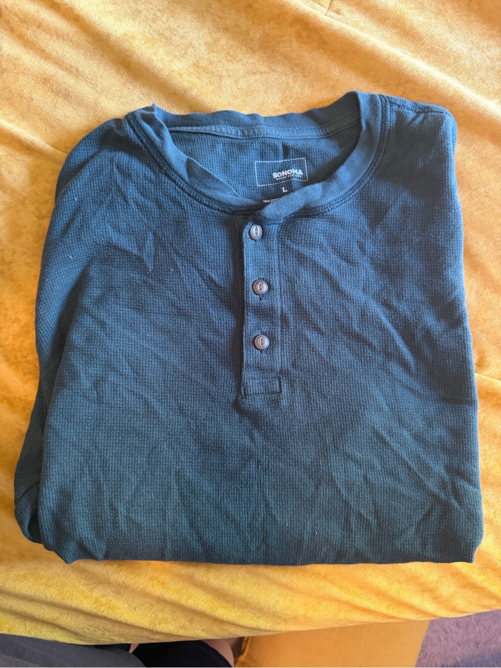 Sonoma Men's Dark Green Long Sleeve Henley - 3-Button Waffle Knit